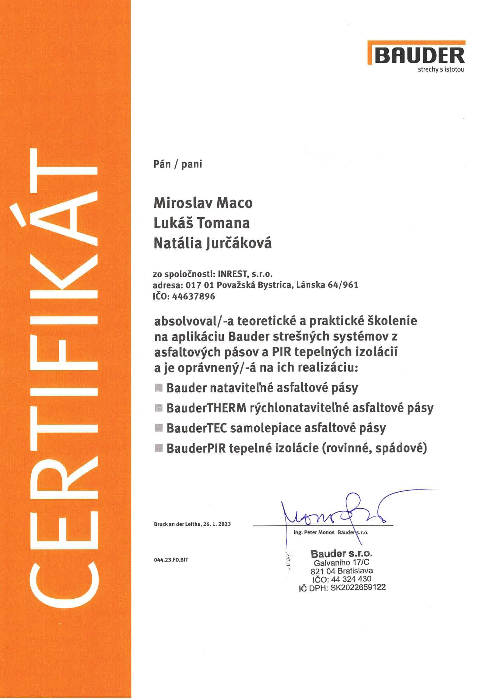 Bauder Certifikát
